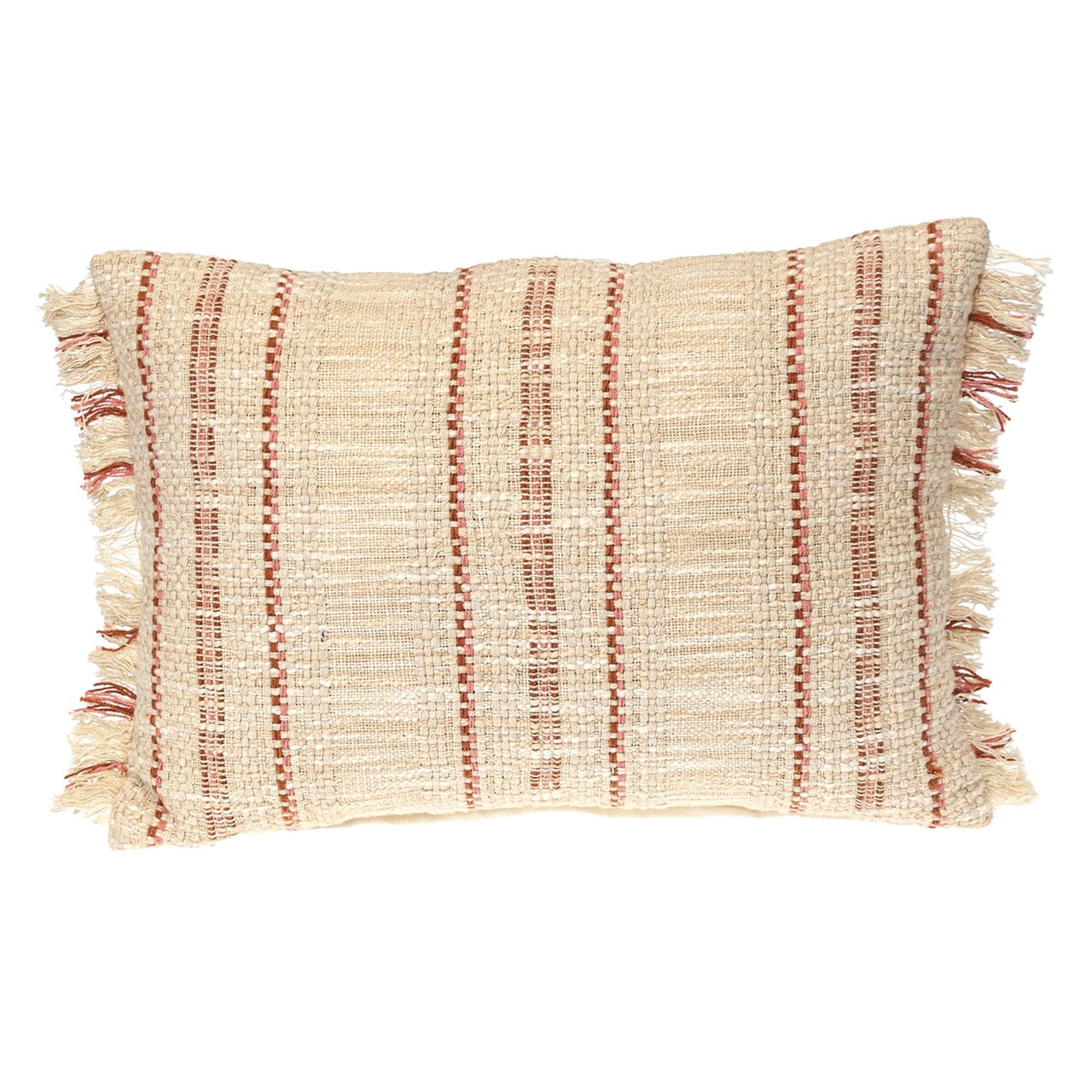 Nassau Collection Striped Rectangular Throw Pillow with Fringes - 20" - Beige and Pink